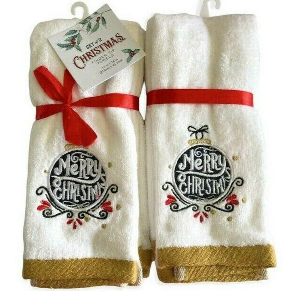 Merry Christmas Fingertip Towels Embroidered Ornament White Gold Set of 2